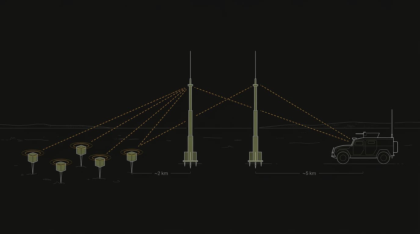 Top-down deployment: ground sensors linked via LoRa to base stations and a mobile operator terminal